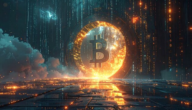 Digital currency symbol in ethereal futuristic scene with binary code and abstract cityscape