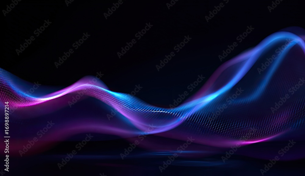 Poster abstract digital wave design in vibrant purple and blue. soft, glowing lines and dots create a flowi