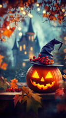 Jack o lantern with witch hat. Carved pumpkin glows with a witch hat in front of a distant castle.