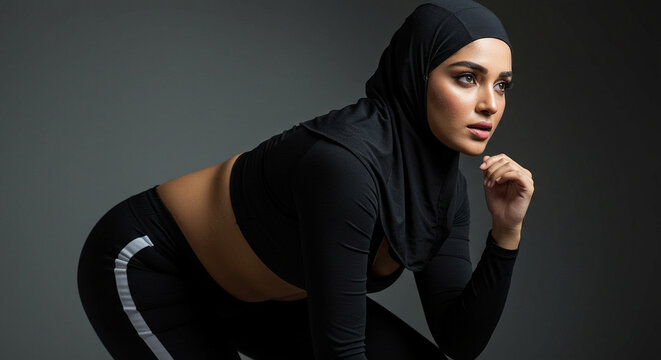 Athletic Woman wearing sport hijab  in Black Sportswear - Powered by Adobe