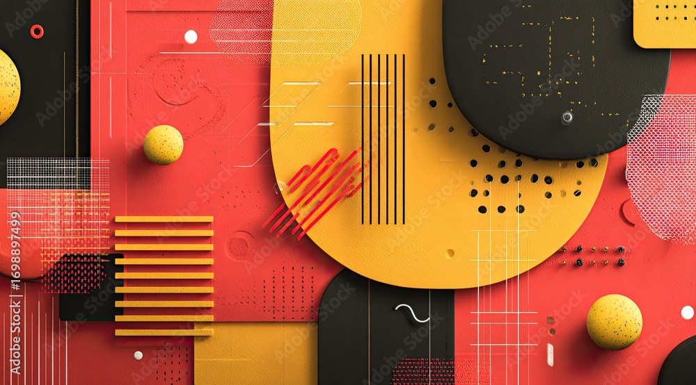 Poster abstract geometric shapes in vibrant red, yellow, and black. layered, overlapping forms create a dyn