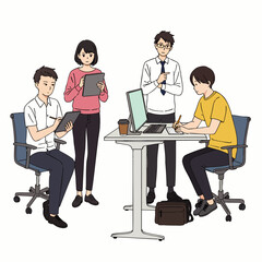 A diverse team of professionals actively collaborates on a new project in a modern office setting, fostering innovation and productivity.