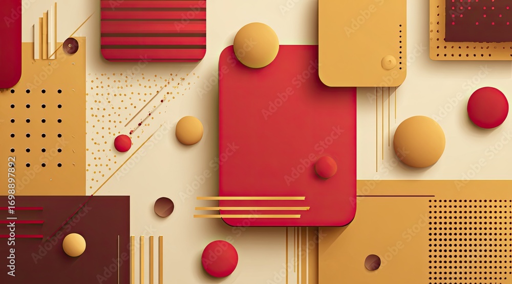Poster abstract geometric composition with warm colors. layered squares, circles, and lines in shades of re
