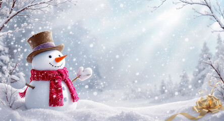 Obraz premium Charming snowman in winter landscape celebrates Christmas season with festive spirit and joy