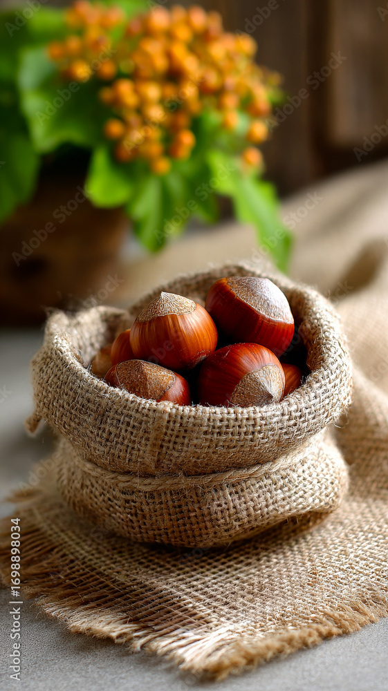 Poster rustic fresh nut harvest. a small burlap sack holds freshly picked nuts, placed on a textured surfac