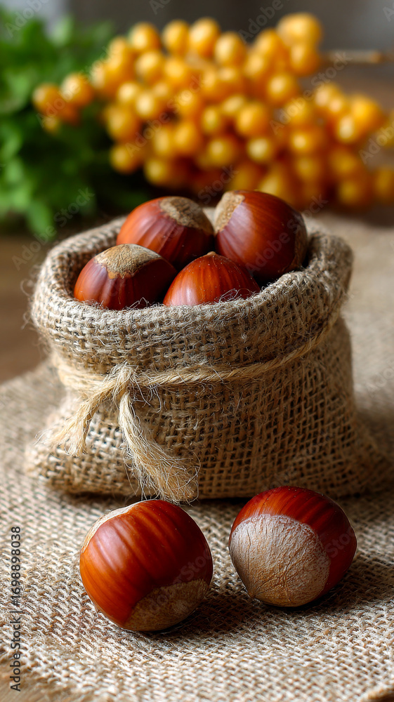 Poster hazelnuts in a burlap sack. hazelnuts in a burlap sack highlight their rich brown color and smooth t