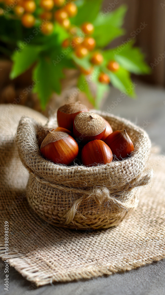 Poster hazelnuts in rustic basket. a small burlap basket holds several shiny hazelnuts, placed on a texture