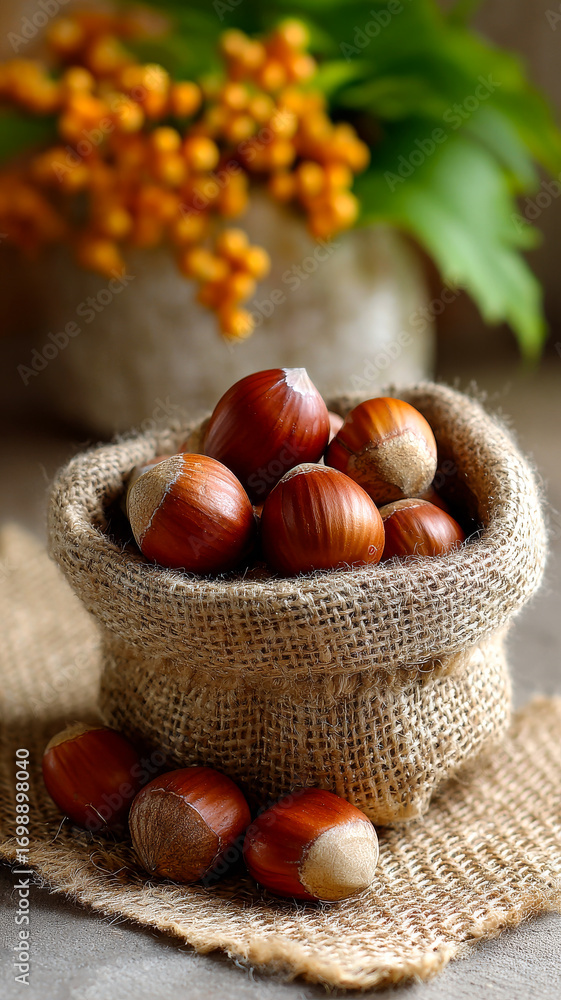Poster fresh hazelnuts in rustic burlap sack. a burlap sack filled with fresh hazelnuts sits on a textured 