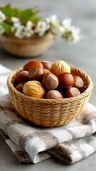 Fresh hazelnuts in a basket. A woven basket filled with various hazelnuts sits on a textured cloth, accompanied by a small arrangement of flowers.