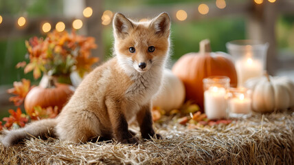 Fox cub poses among autumn decorations. A cute fox cub sits on hay surrounded by pumpkins and candles, capturing the essence of fall in a cozy outdoor setting.