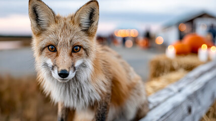 Obraz premium Fox on a fence at sunset. A curious fox gazes at visitors near a farm during sunset, surrounded by pumpkins and autumn decorations.