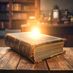 Illuminated antique book on wooden table in library