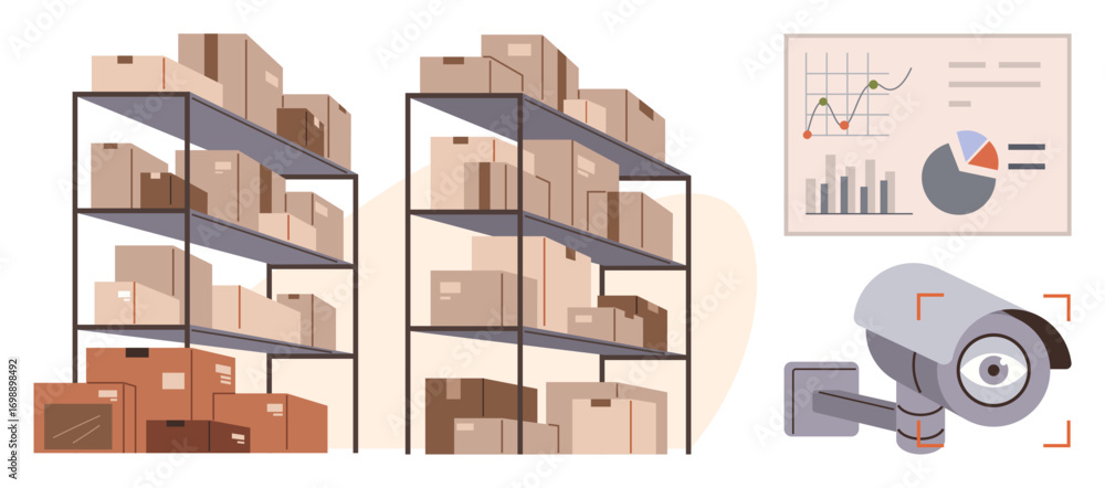 Poster shelves filled with labeled boxes, a mounted security camera, and a data analytics chart emphasize o