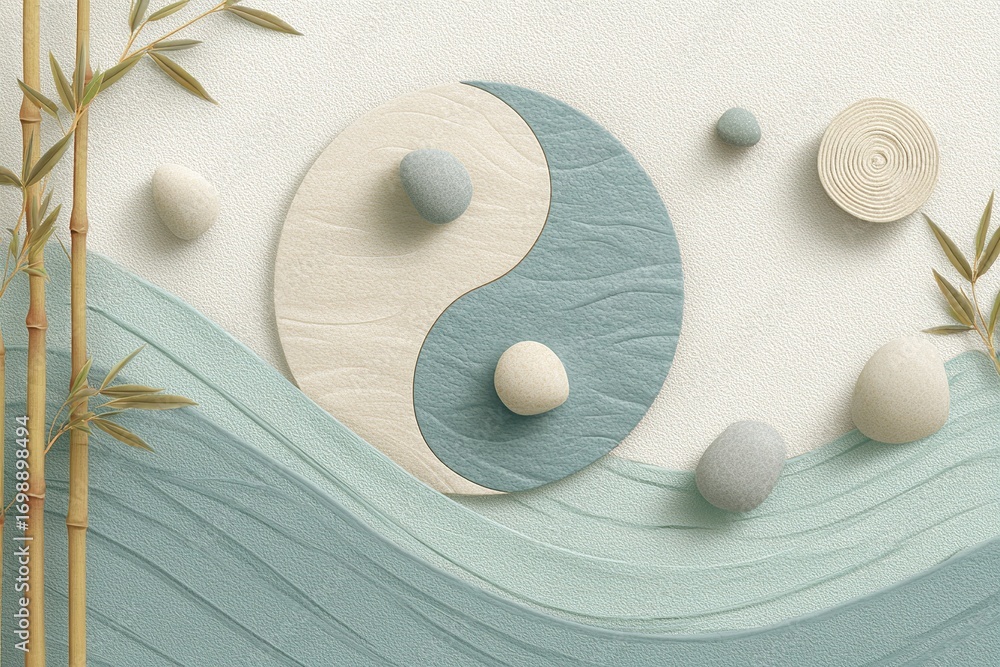 Poster artistic composition of yin yang design with smooth textures and natural elements in a serene enviro