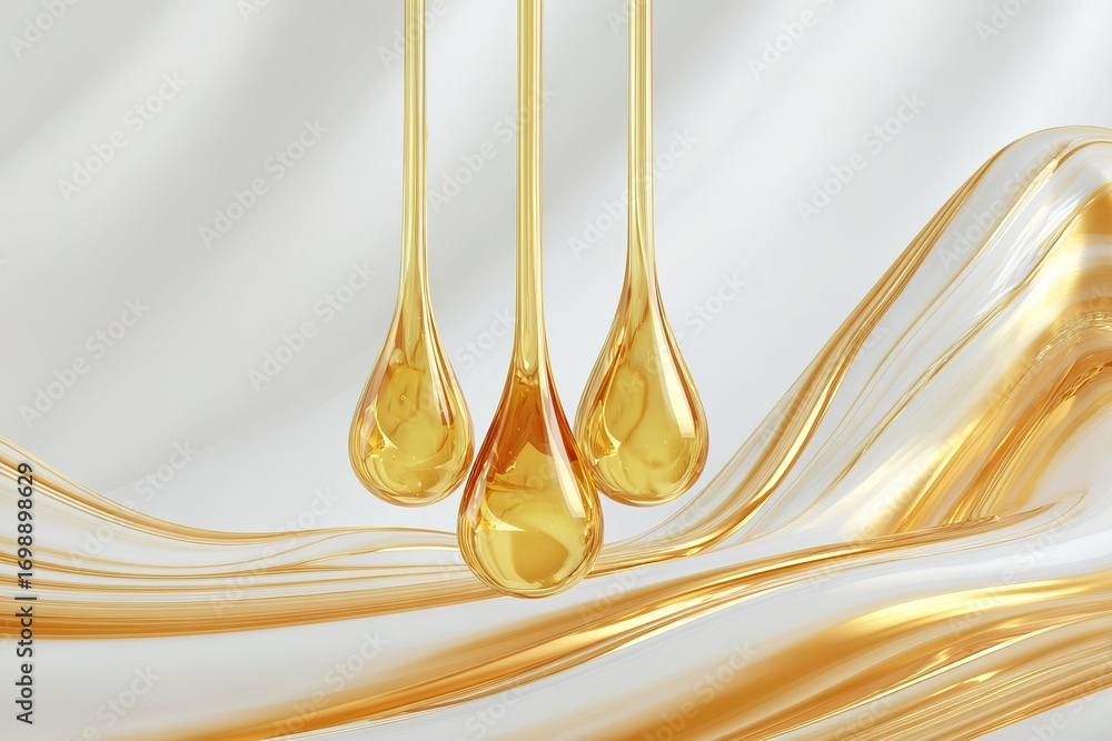 Poster golden oil droplets falling onto a smooth surface create a calming visual experience in a serene set