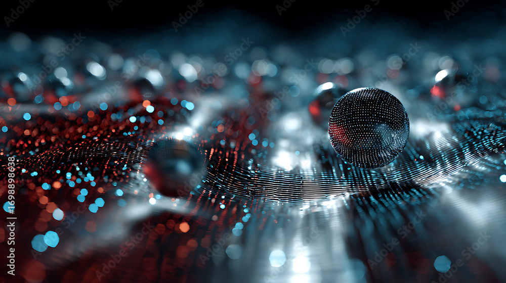 Fototapete abstract 3d render of a dark blue and red landscape with reflective spheres, creating a futuristic a