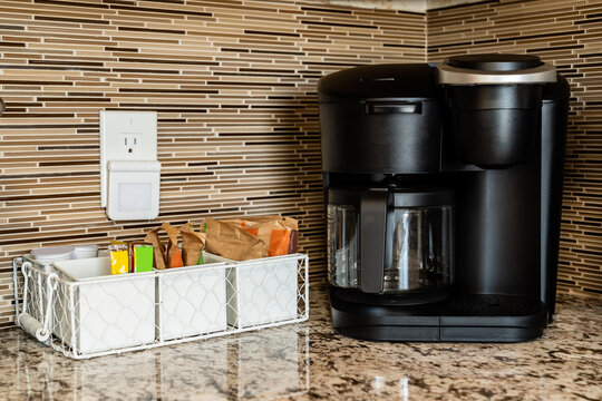 Coffee maker pot single serve pod caddy tile backsplash