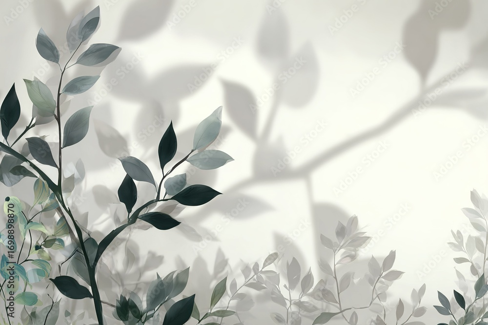 Poster silhouetted leaves create intricate shadows on a soft background