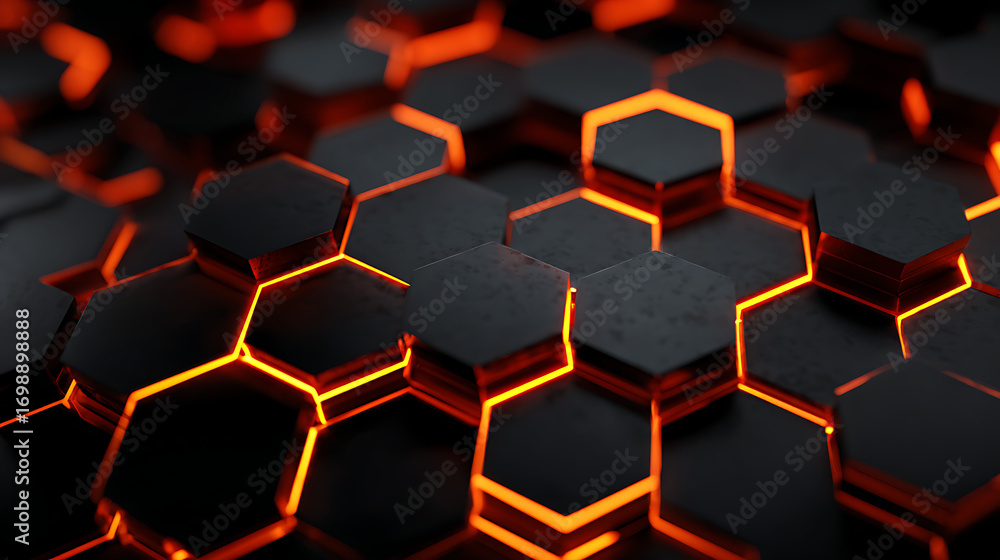 Fototapete Abstract dark background with glowing orange hexagon pattern, creating a futuristic and technological feel with a sense of depth and texture