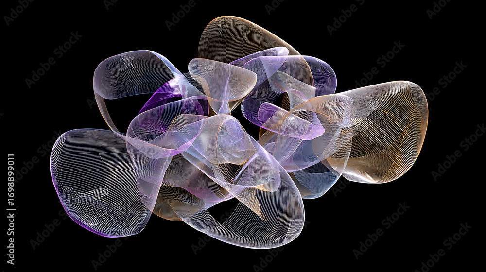 Fototapete Abstract rendering of a cluster of translucent spheres with intricate patterns, set against a stark black background, creating a visually striking composition