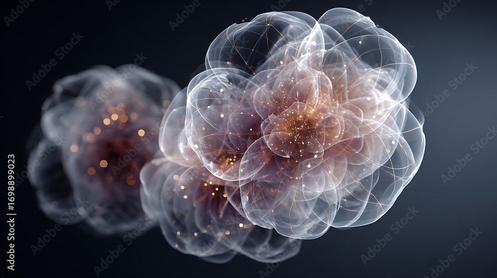 Poster artistic representation of cell clusters with glowing particles, set against a dark background, crea