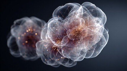 Artistic representation of cell clusters with glowing particles, set against a dark background, creating a visually captivating and scientific aesthetic