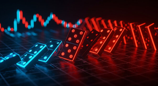 Domino Effect with Stock Market Graph: Blue and Red Neon Dominoes Falling