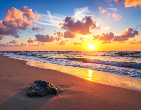 A breathtaking sunrise paints the ocean and sandy beach in warm golden hues, highlighting a solitary rock on the shore. - Powered by Adobe