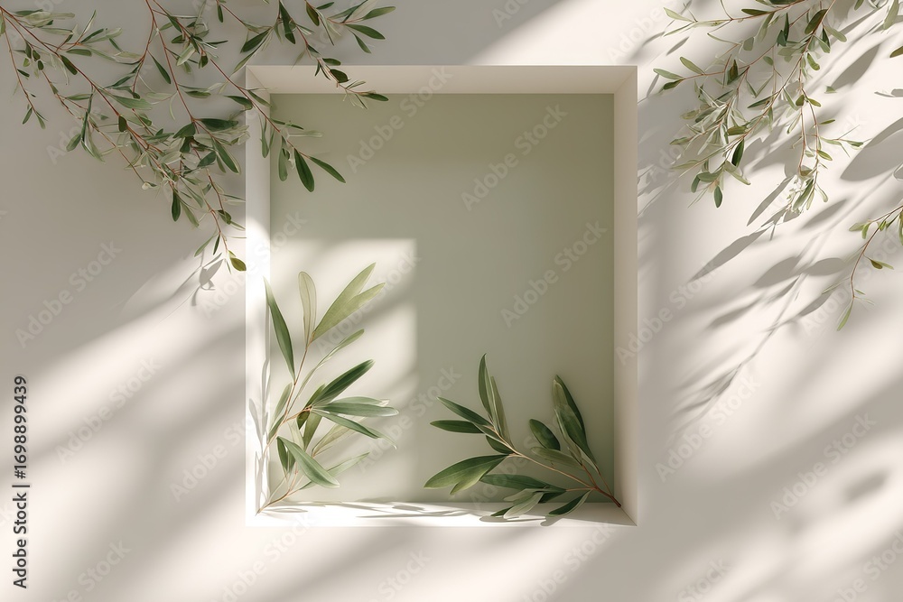 Poster natural elements and sunlight create a tranquil ambiance with greenery in a minimalistic display