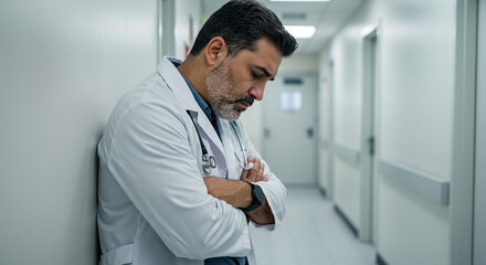 Fototapeta premium Exhausted Doctor Leaning Against Wall in Hospital Corridor