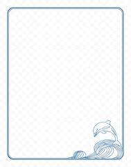 Square frame with a beautiful dolphin on a wave on a transparent background. Suitable for postcards, invitations, notepads, notebooks and posters. Vector illustration. © Liliia