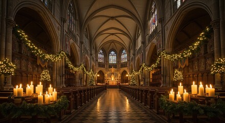 Obraz premium Grand cathedral interior decorated for Christmas with glowing candles, golden garlands, and festive lights, warm holiday atmosphere