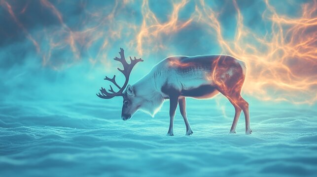 Reindeer in winter wonderland landscape with snow and magical sky background for christmas card design - Powered by Adobe