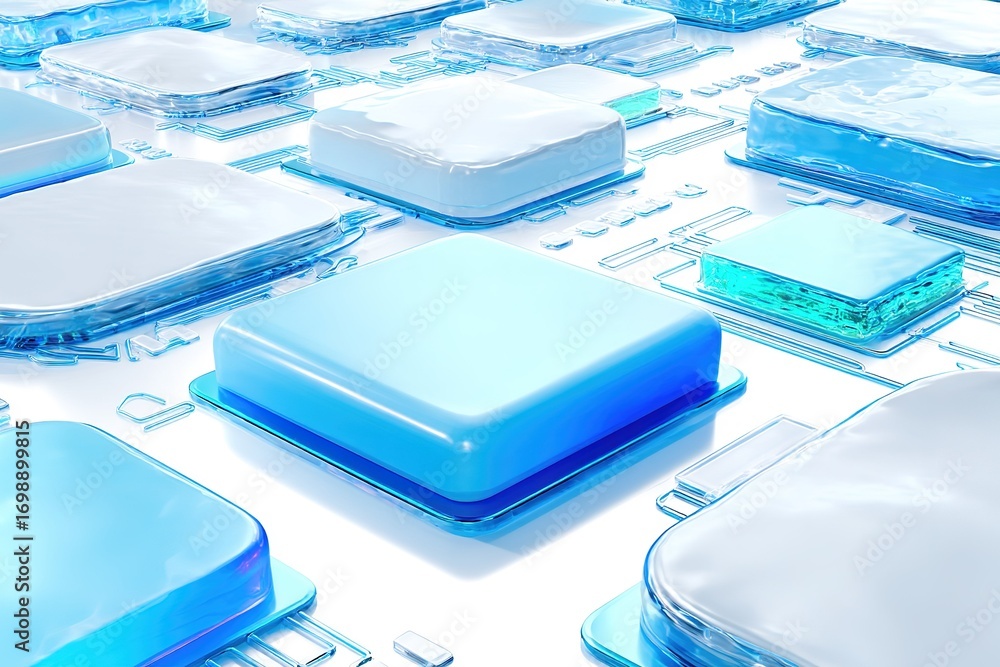 Poster abstract digital design featuring blue translucent squares on a reflective surface with geometric pa