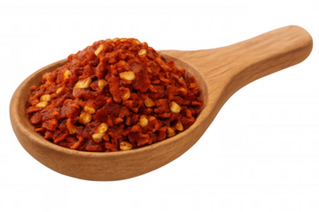 Wooden spoon containing a pile of crushed red pepper flakes, isolated on a transparent background