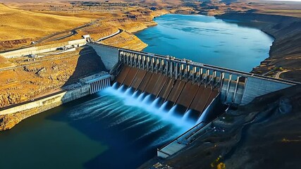 Aerial view of large dam across wide river surrounded by mountains and natural landscape
- Powered by Adobe