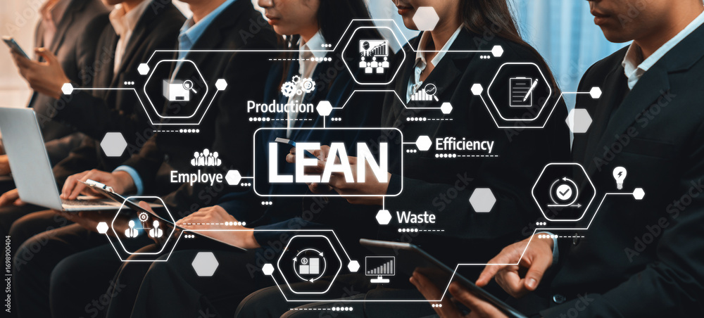 Poster this image captures business professionals actively discussing concepts of efficiency and waste mana