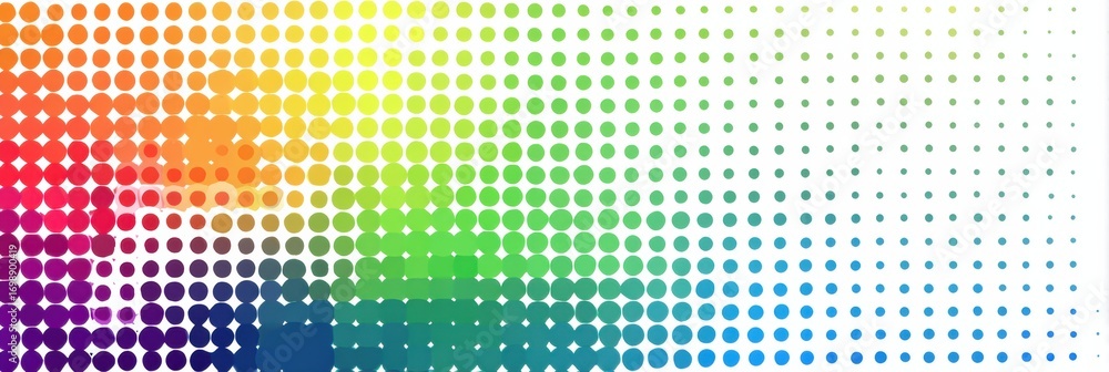 Poster colorful abstract design featuring a gradient of circles in various sizes, blending from red to viol
