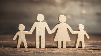 Wooden family figures, holding hands, on rustic wood