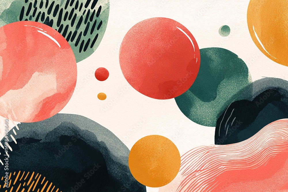 Poster colorful abstract composition featuring various shapes and textures, highlighting bold circular form