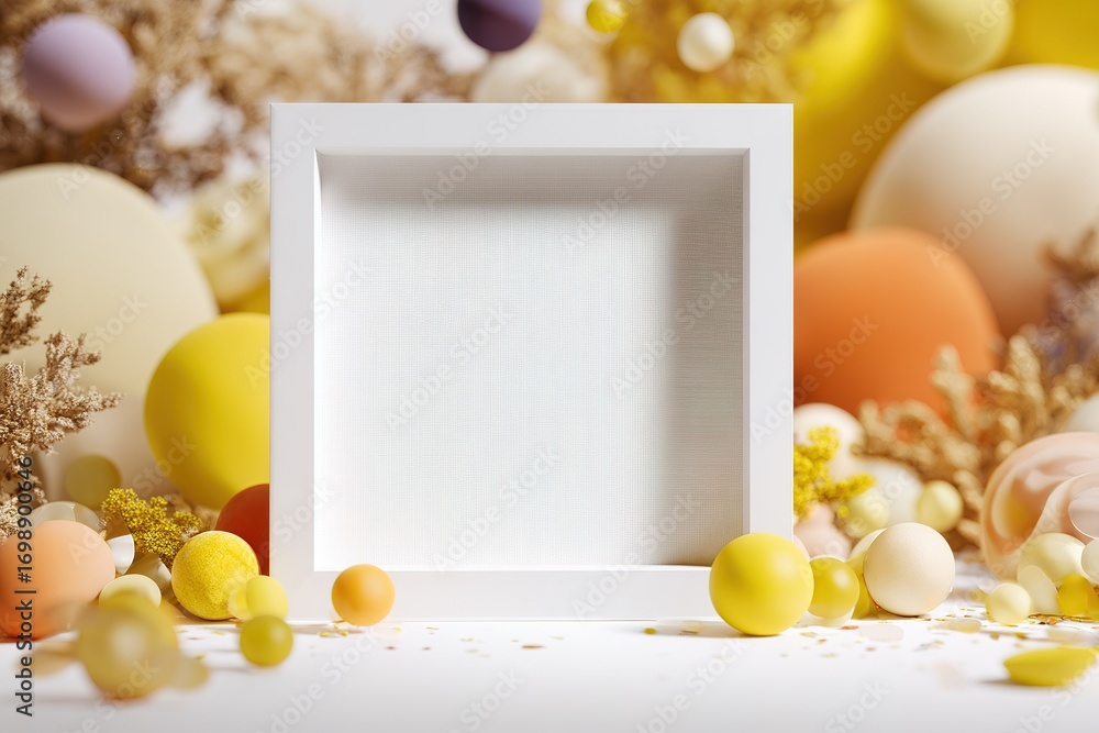Poster white empty display box surrounded by colorful decorative spheres and soft textures in a bright sett