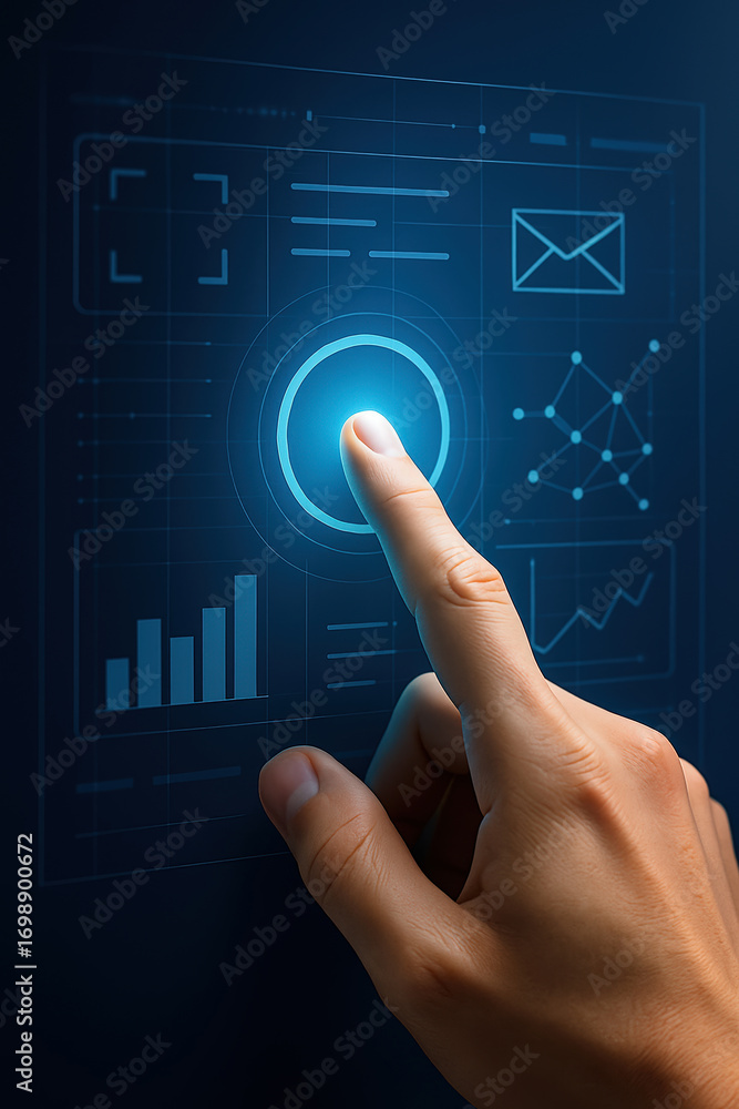 Aufkleber 3d illustration of human hand pressing glowing button on futuristic digital interface with charts an