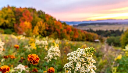 Autumnal meadow with vibrant flowers and a hazy sunrise