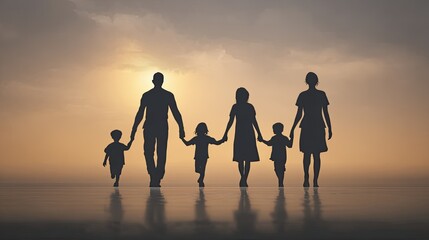 Silhouette family walking at sunset