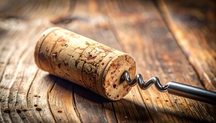 A close-up view of a weathered cork and a metal corkscrew resting on a rustic wooden surface.