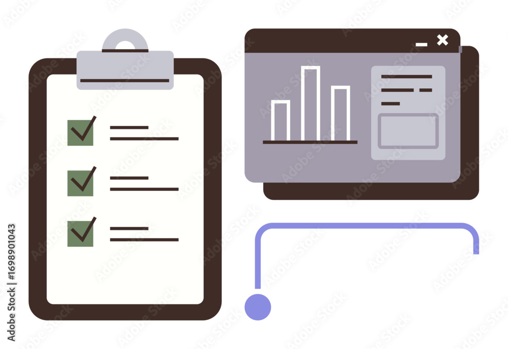 Aufkleber clipboard with checklist and digital chart window connected by line, symbolizing organization and an