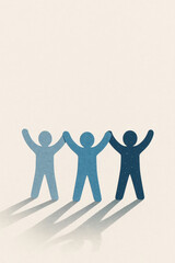 Paper cutout illustration of three human figures holding hands with shadows on light background. Concept of unity, teamwork and collaboration with copy space

