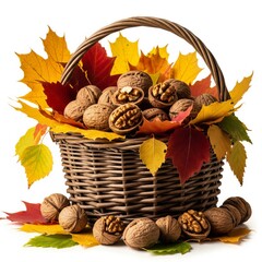 Wicker Basket Filled with Walnuts and Fall Colored Maple Leaves Isolated