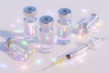 Vials of liquid with syringe reflecting light creating a colorful display of health and science