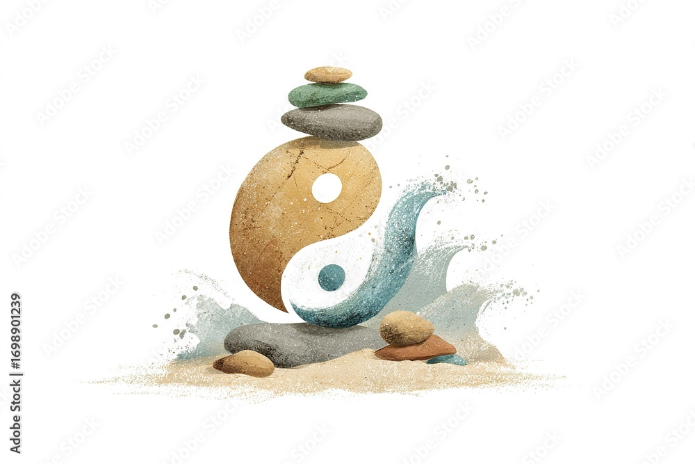 Poster harmonious balance of nature with stones and waves representing yin and yang